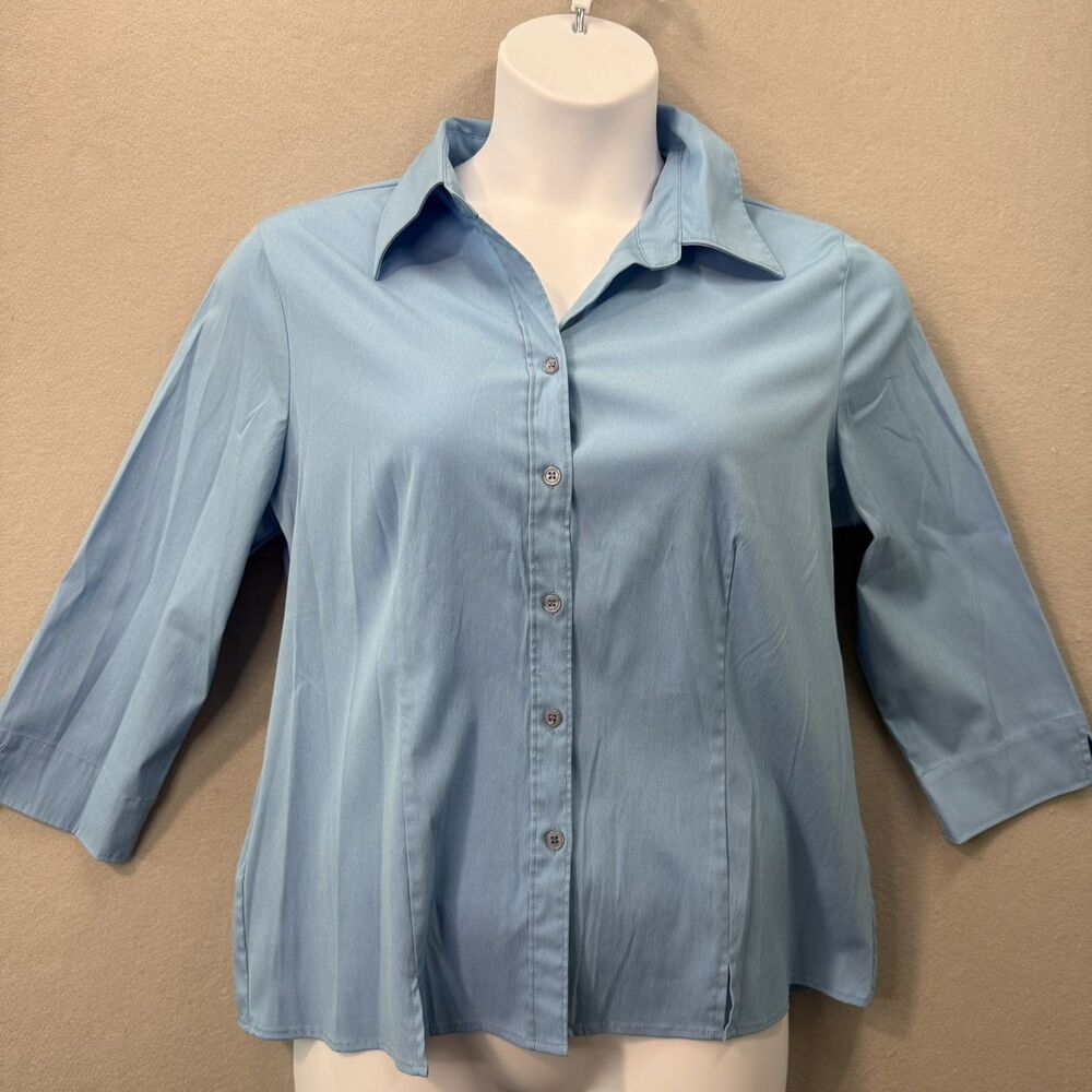 Fred David Woman Blue 3/4 Cuffed Sleeve Button Down Blouse Size XL Casual Career